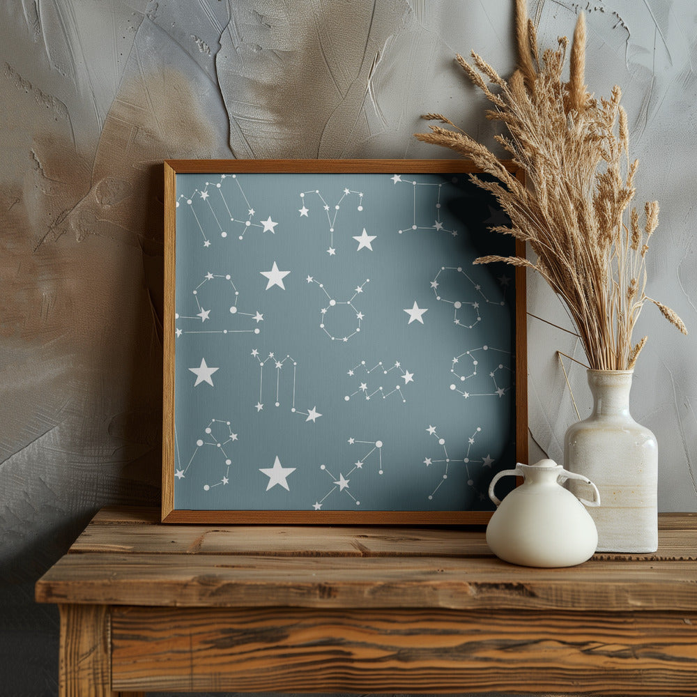 Celestial Constellation Boho-Moon and Stars In Dark Neutral-Slate Teal Poster