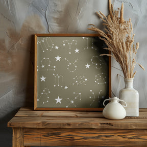 Celestial Constellation Boho-Moon and Stars In Dark Neutral-Olive Poster