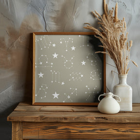 Celestial Constellation Boho-Moon and Stars In Dark Neutral - Olive Slate Poster