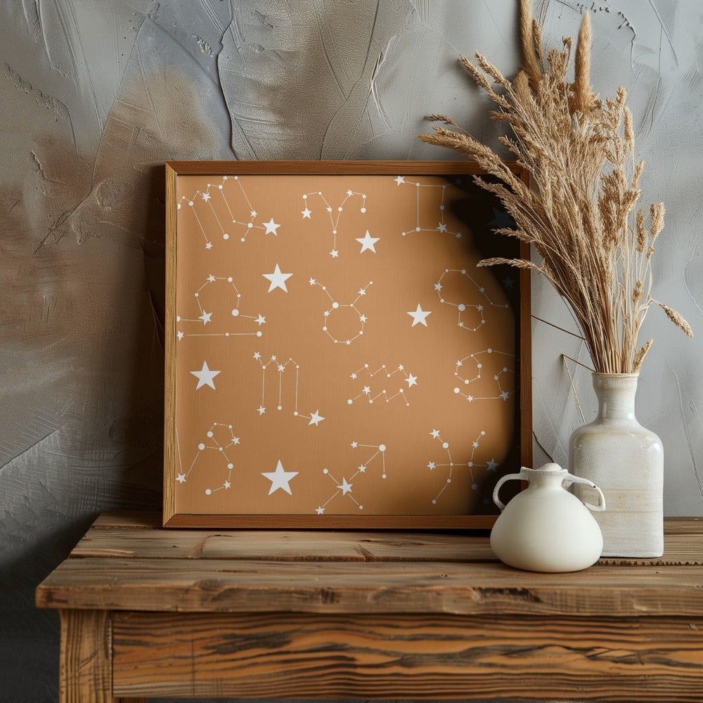 Celestial Constellation Boho-Moon and Stars In Dark Neutral- Ocher Poster