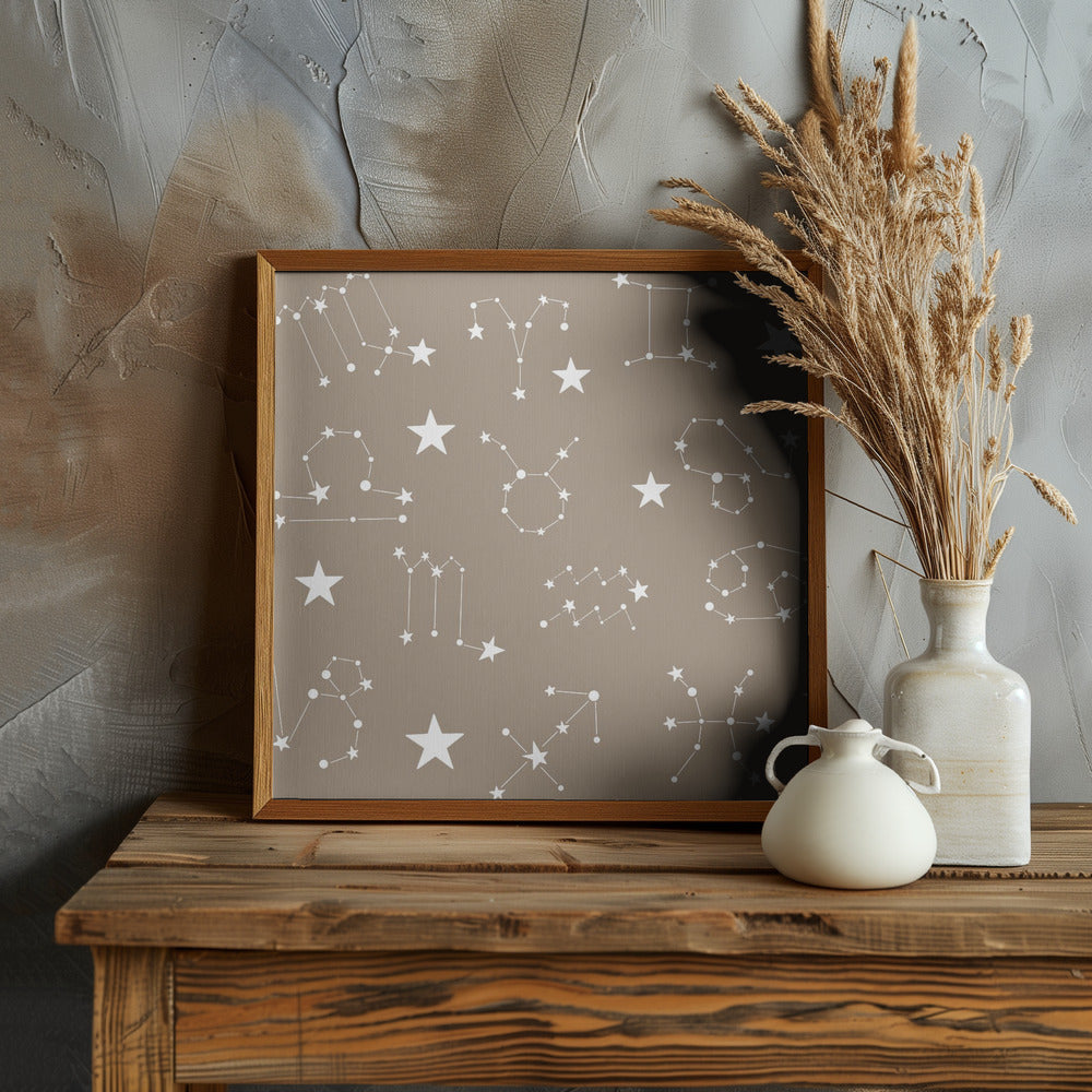 Celestial Constellation Boho-Moon and Stars In Dark Neutral- Taupe Poster