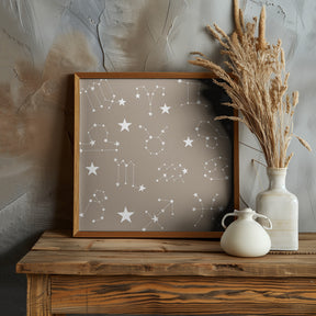 Celestial Constellation Boho-Moon and Stars In Dark Neutral- Taupe Poster