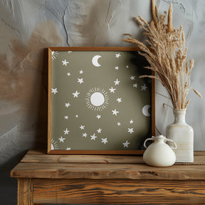 Celestial Dreamscape - Neutral Stars &amp; Shooting Stars Nursery- Olive Poster