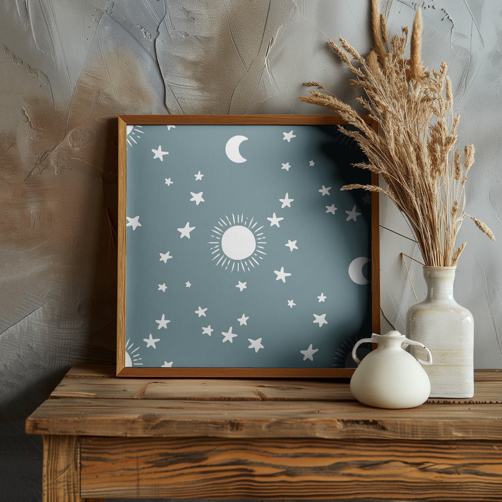 Celestial Dreamscape - Neutral Stars &amp; Shooting Stars Nursery- Slate Blue Poster