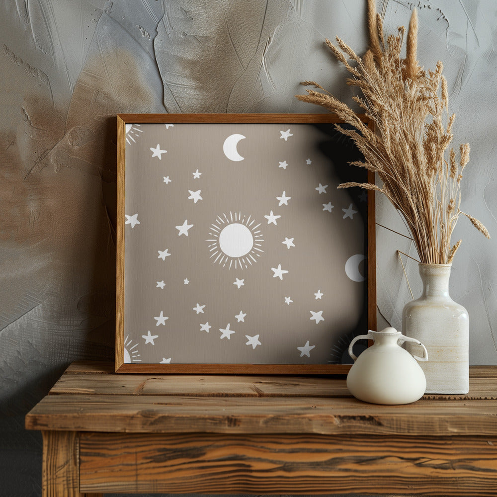 Celestial Dreamscape - Neutral Stars &amp; Shooting Stars Nursery- Taupe Poster