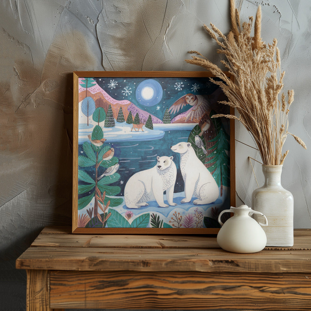 Polar bears Christmas at the North Pole under the moon Poster