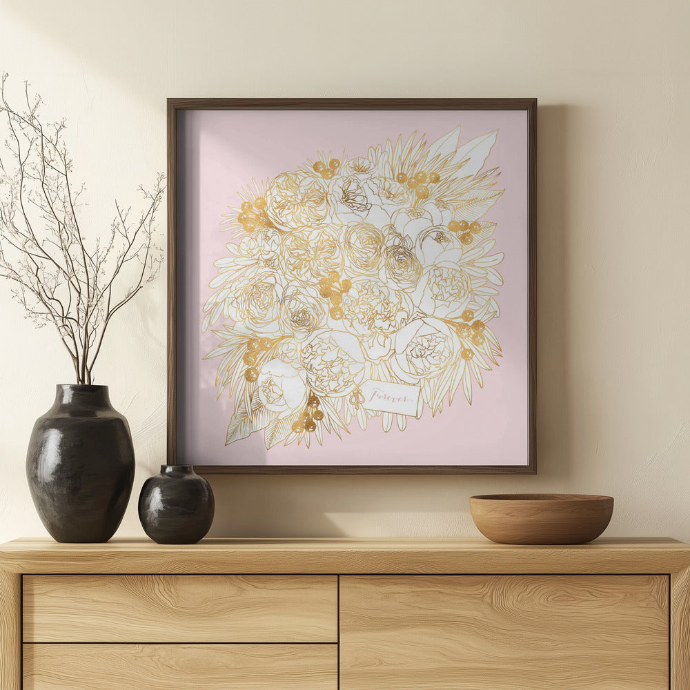 Forever Rekha floral bouquet in gold and pink Poster