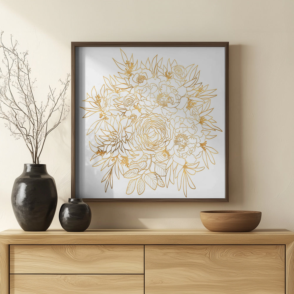 Nanette line art bouquet in gold Poster