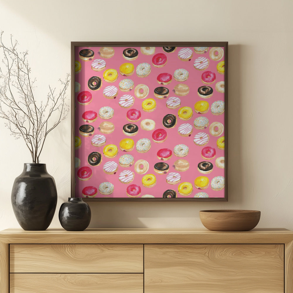 Watercolor donuts pattern in hot pink Poster