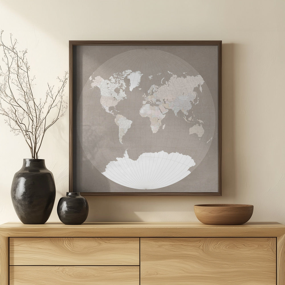 The world map in a circle, muted brown Poster