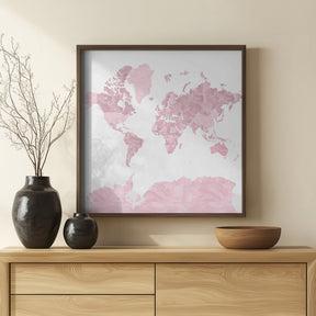 Pink watercolor world map with outlined countries, Melit Poster