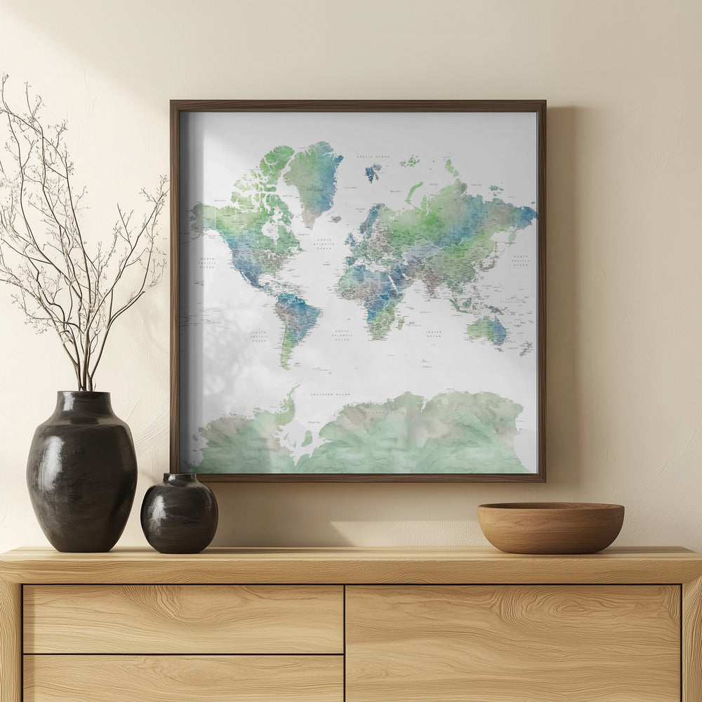 Detailed world map with cities, Declan Poster