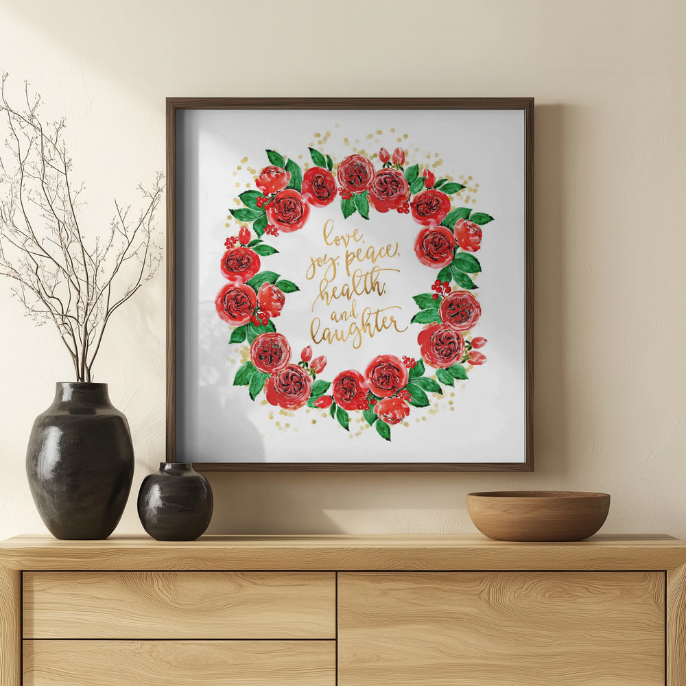 Holiday wishes wreath of red English roses Poster