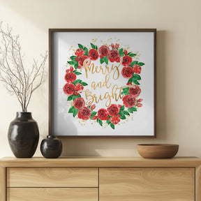 Merry and bright wreath of red English roses Poster