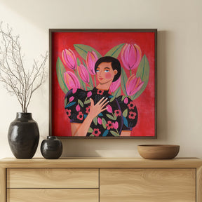 Abstract Modern Portrait Woman with Tulips Poster