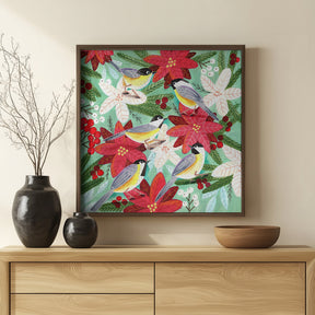 Winter birds tits and Christmas flowers Poster