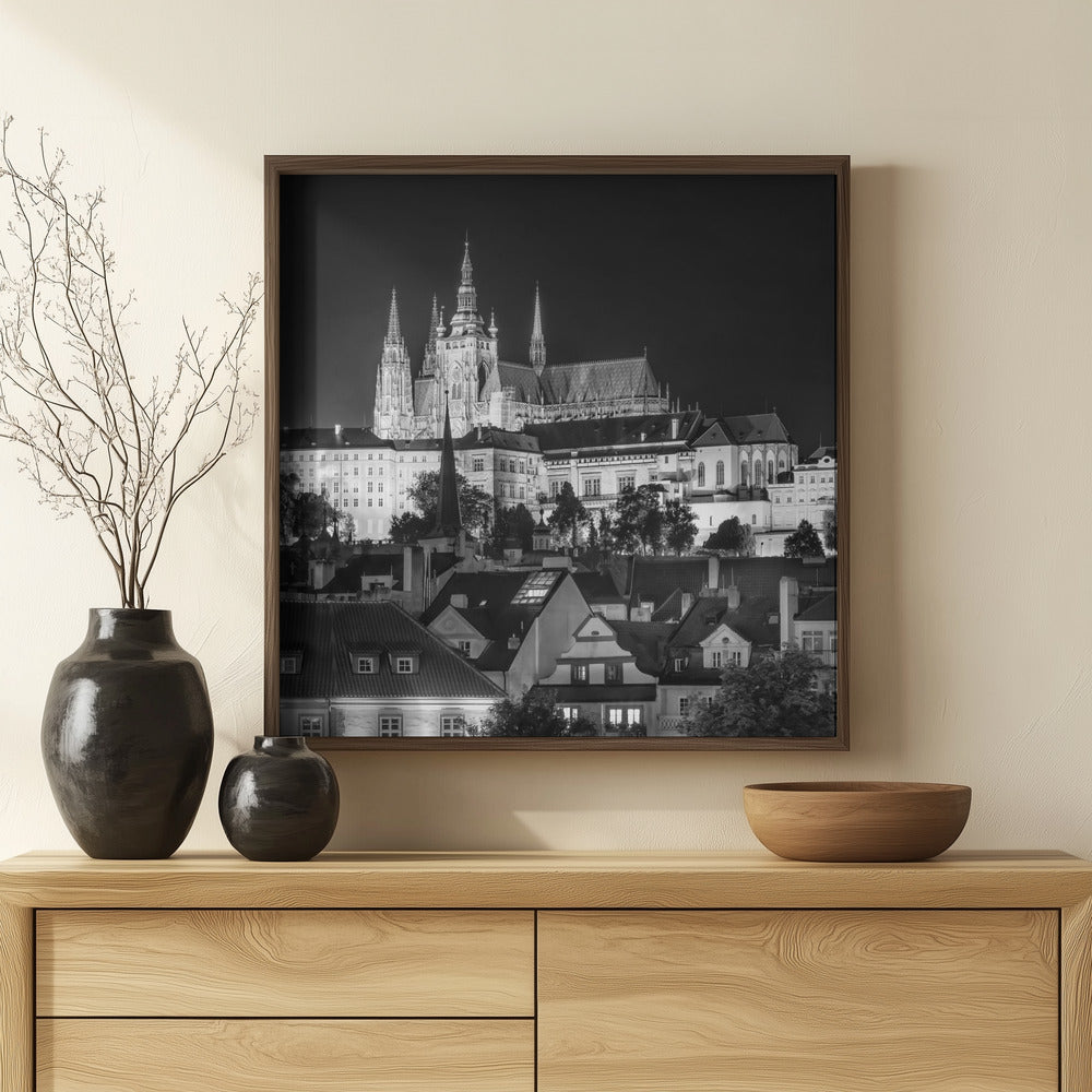 Prague Castle and St. Vitus Cathedral by night - Monochrome Poster