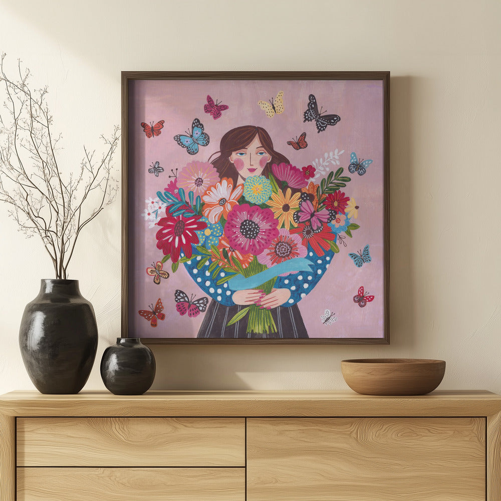 Woman with flower bouquet Poster