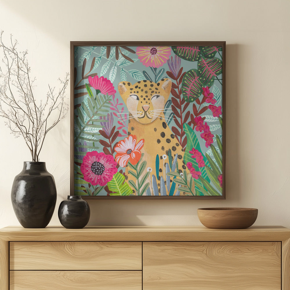 Leopard in floral jungle Poster