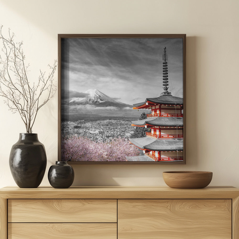 Lovely view of Mount Fuji with Chureito Pagoda during cherry blossom season - colorkey Poster