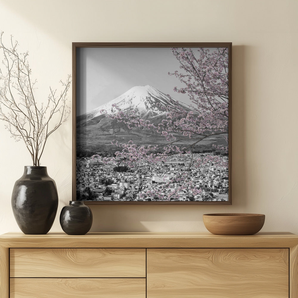 Charming view of Mount Fuji during cherry blossom season - colorkey Poster