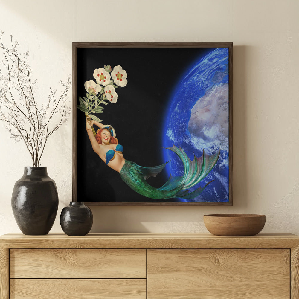 Swimming Away - Surreal Collage - Mermaid on Space Poster