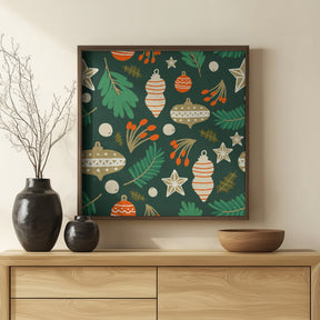 Christmas Baubles and Winter Foliage Green Poster