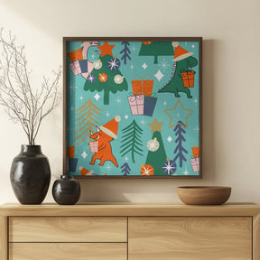 Dinosaurs Christmas Party Baby Blue Poster