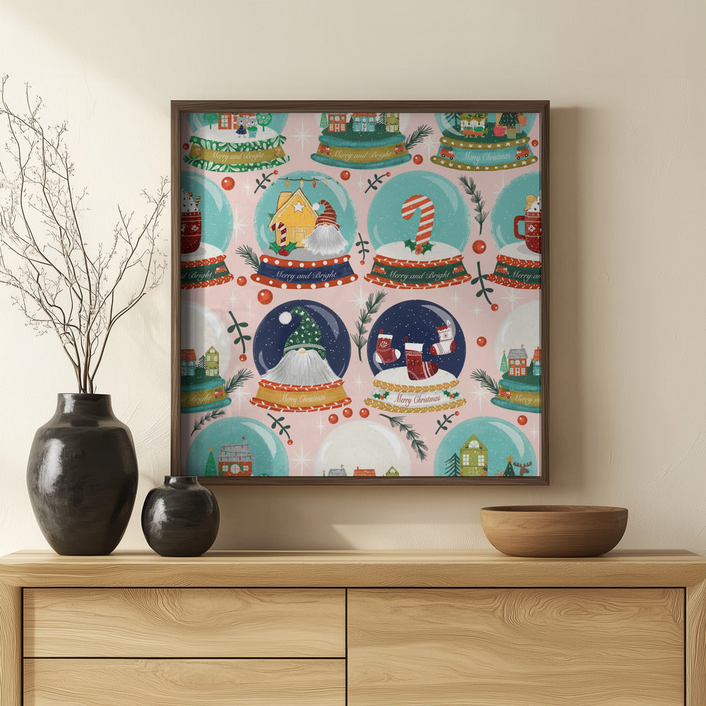 Christmas Snow Globe Pink Poster