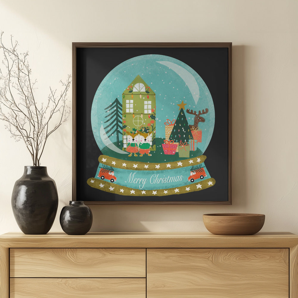 Christmas Snow Globe Village with Deer Family  - Merry Christmas Poster