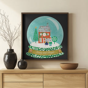 Christmas Snow Globe Village with Bear Family  - Merry and Bright Poster