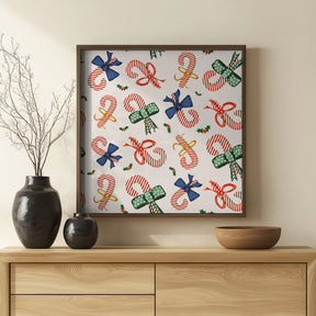 Preppy Festive Candy Cane &amp; Bows Beige Poster