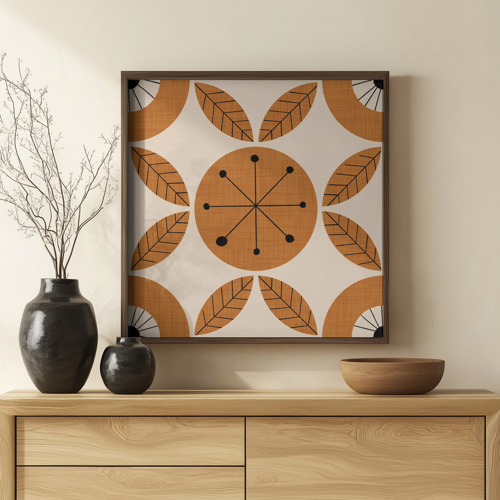 Atomic Floral Botanic Dots Ocher   Mid Century Modern Poster