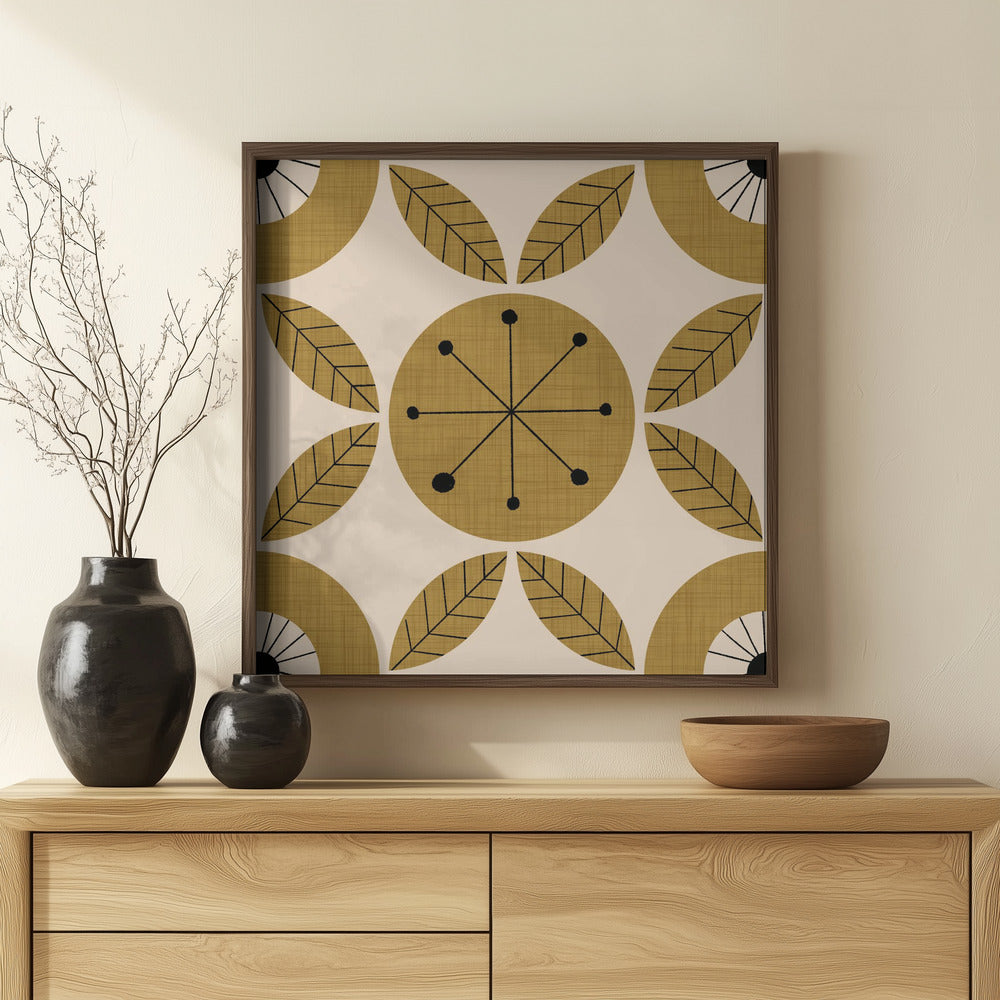 Atomic Floral Botanic Dots Mustard - Mid Century Modern Poster