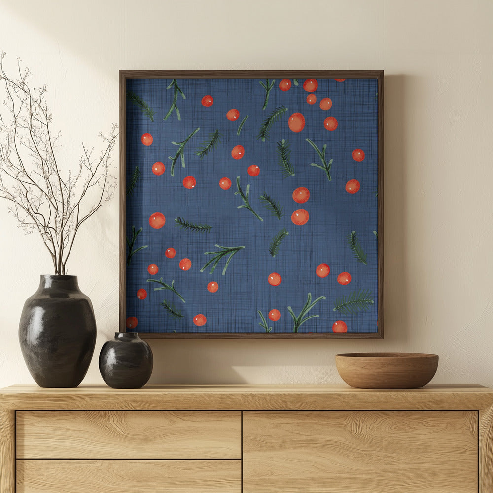 Holiday Branches &amp; Berries Blue Poster