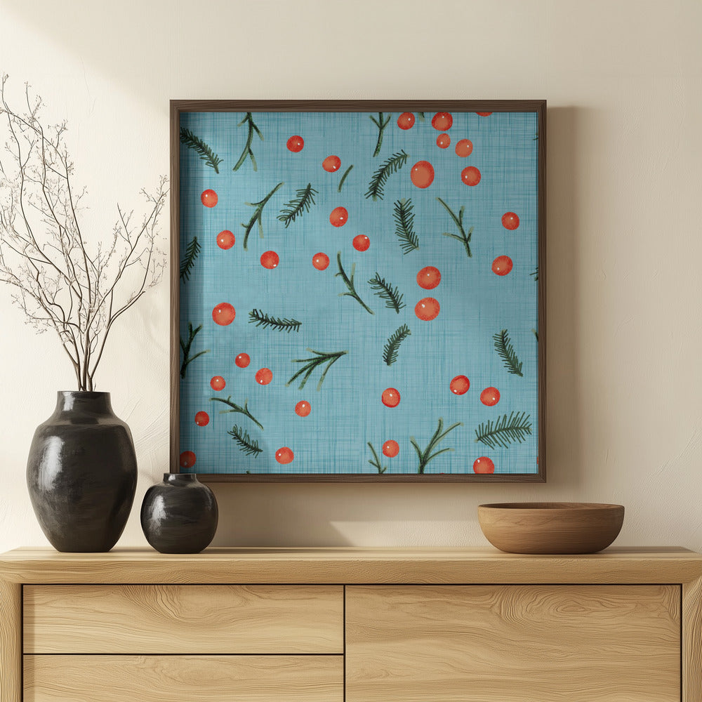 Holiday Branches &amp; Berries Baby Blue Poster