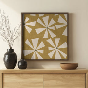 Geometric Floral Burst - Mid Century Flowers Mustard Poster