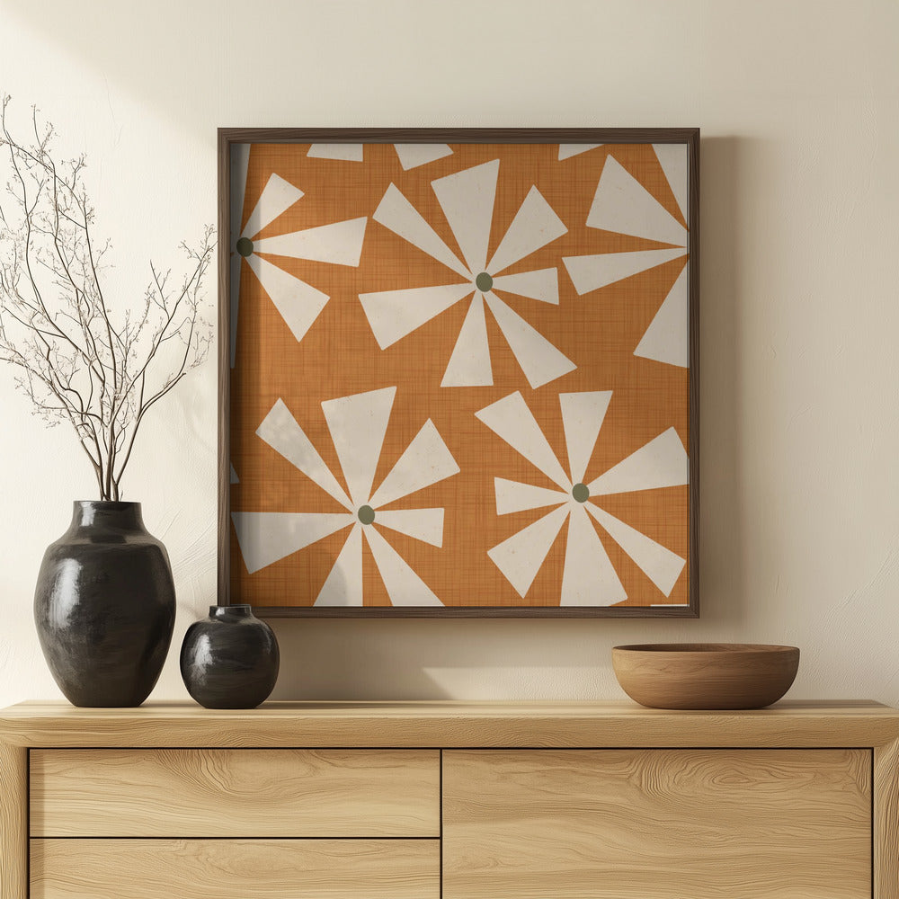 Geometric Floral Burst - Mid Century Flowers Ocher Poster