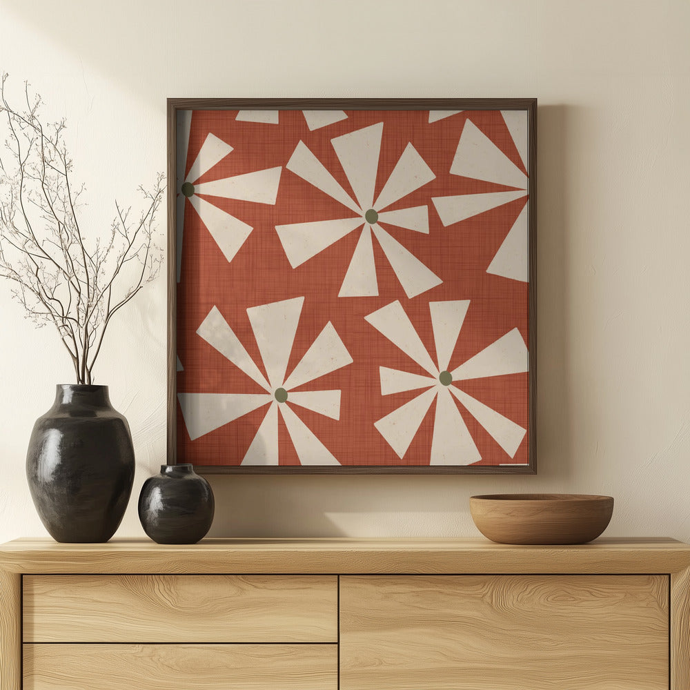 Geometric Floral Burst - Mid Century Flowers Rust Red Poster