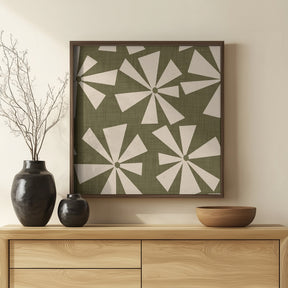 Geometric Floral Burst - Mid Century Flowers Olive Poster