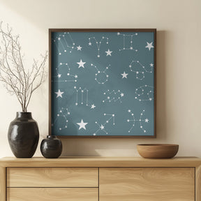 Celestial Constellation Boho-Moon and Stars In Dark Neutral-Slate Teal Poster