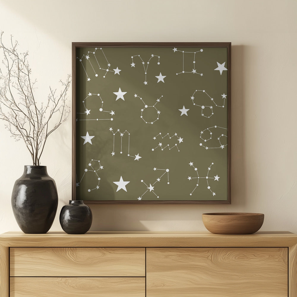 Celestial Constellation Boho-Moon and Stars In Dark Neutral-Olive Poster