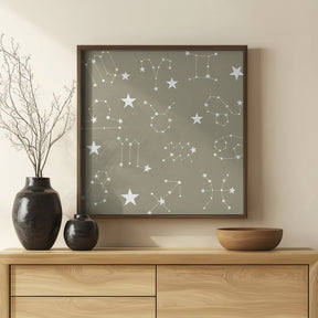 Celestial Constellation Boho-Moon and Stars In Dark Neutral - Olive Slate Poster