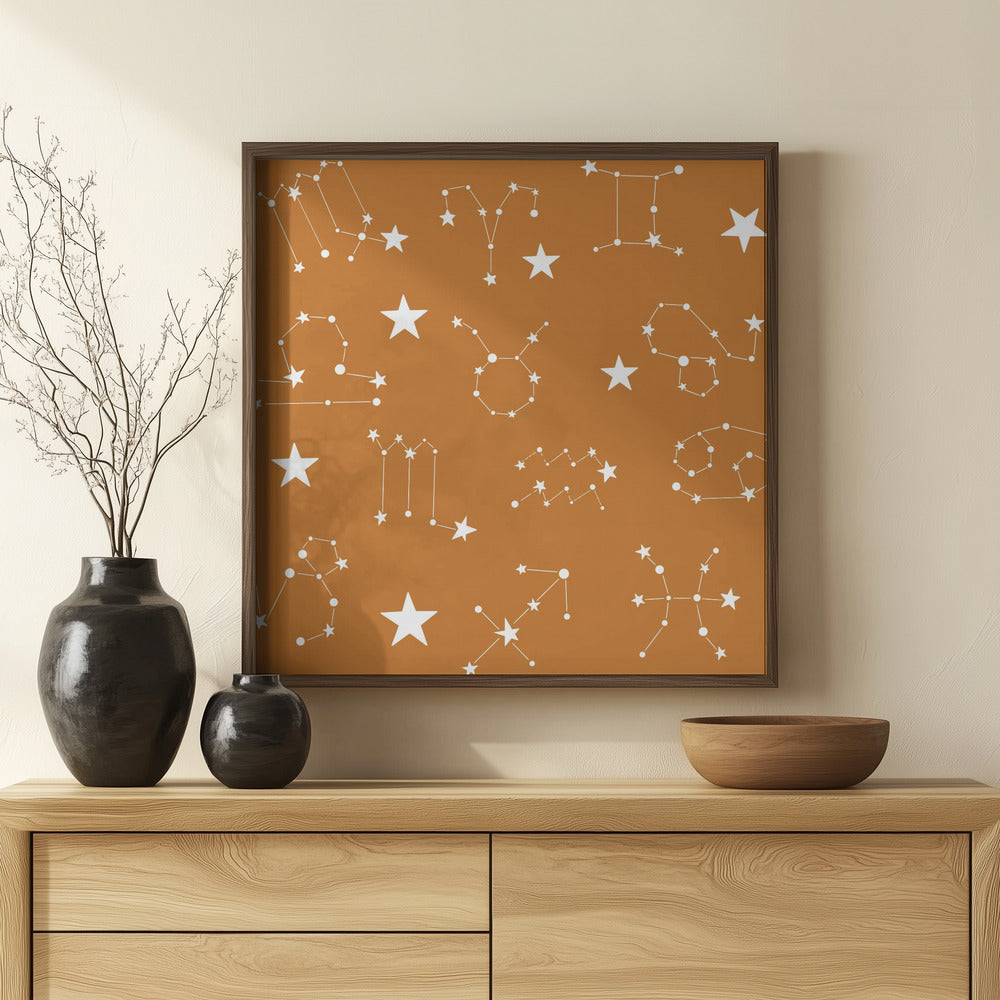 Celestial Constellation Boho-Moon and Stars In Dark Neutral- Ocher Poster