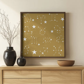 Celestial Constellation Boho-Moon and Stars In Dark Neutral-Mustard Poster