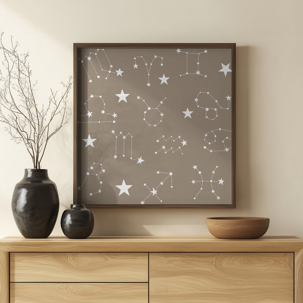 Celestial Constellation Boho-Moon and Stars In Dark Neutral- Taupe Poster