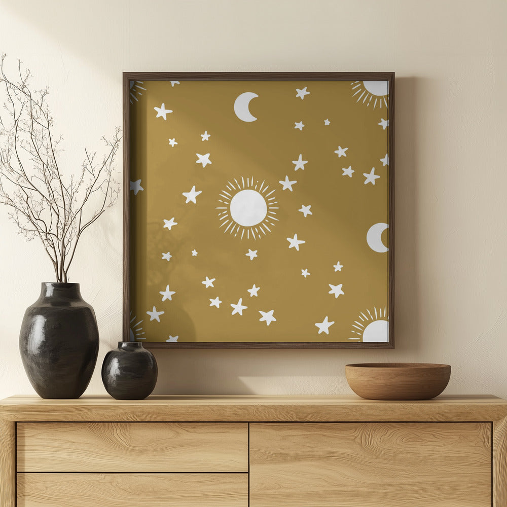 Celestial Dreamscape - Neutral Stars &amp; Shooting Stars Nursery-Golden Olive Poster