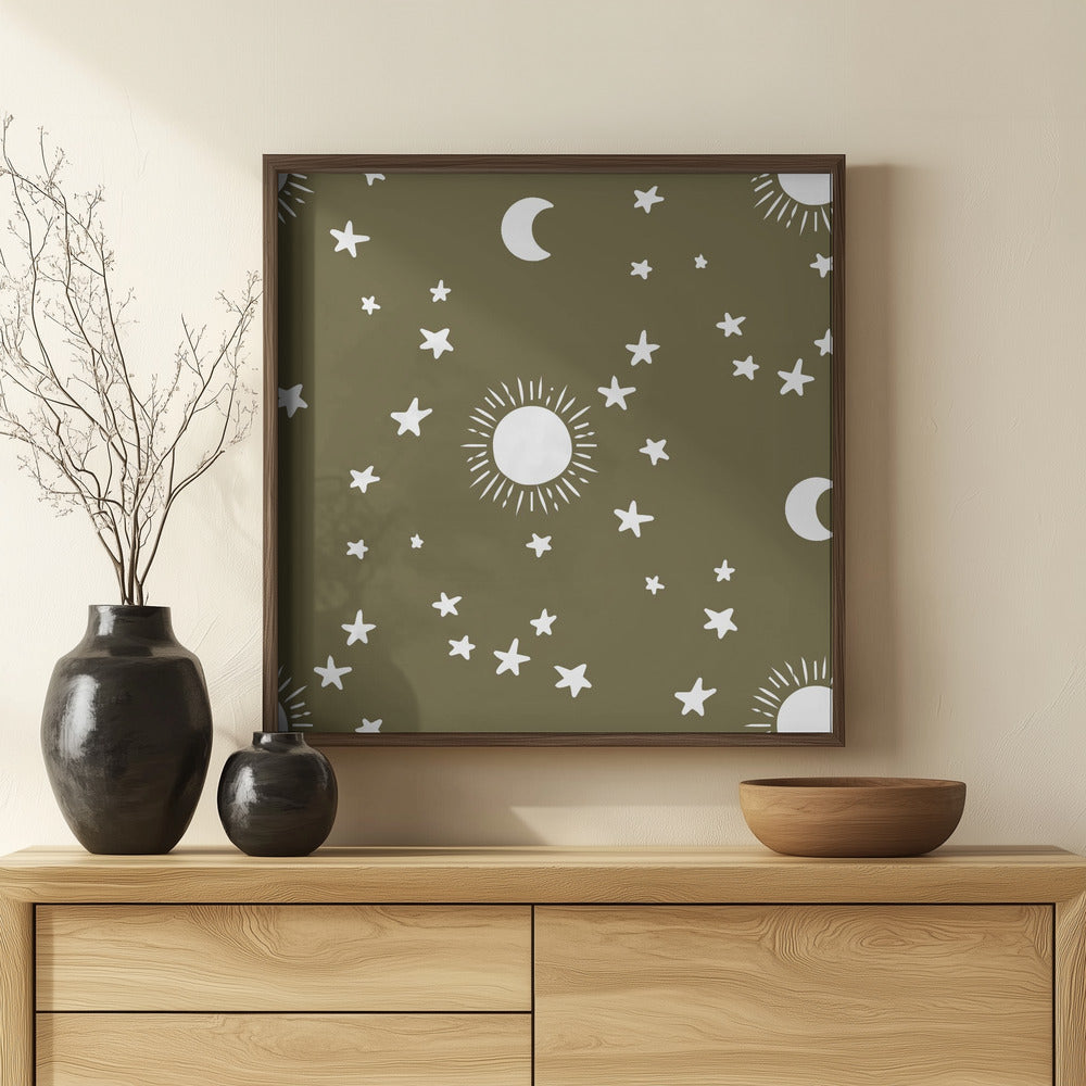 Celestial Dreamscape - Neutral Stars &amp; Shooting Stars Nursery- Olive Poster