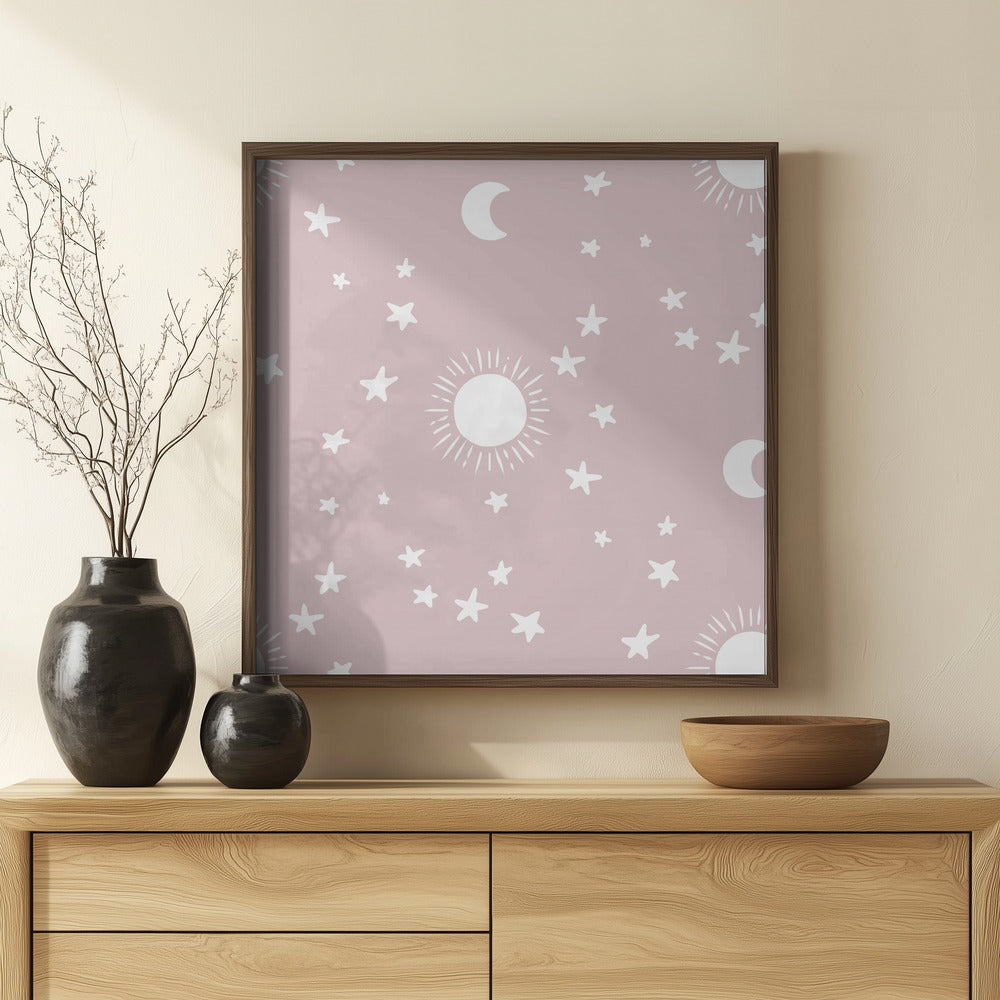 Celestial Dreamscape - Neutral Stars &amp; Shooting Stars Nursery- Mauve Poster