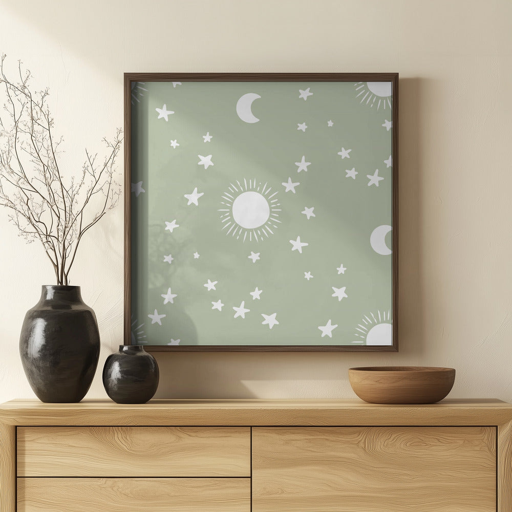 Celestial Dreamscape - Neutral Stars &amp; Shooting Stars Nursery- Sage Poster